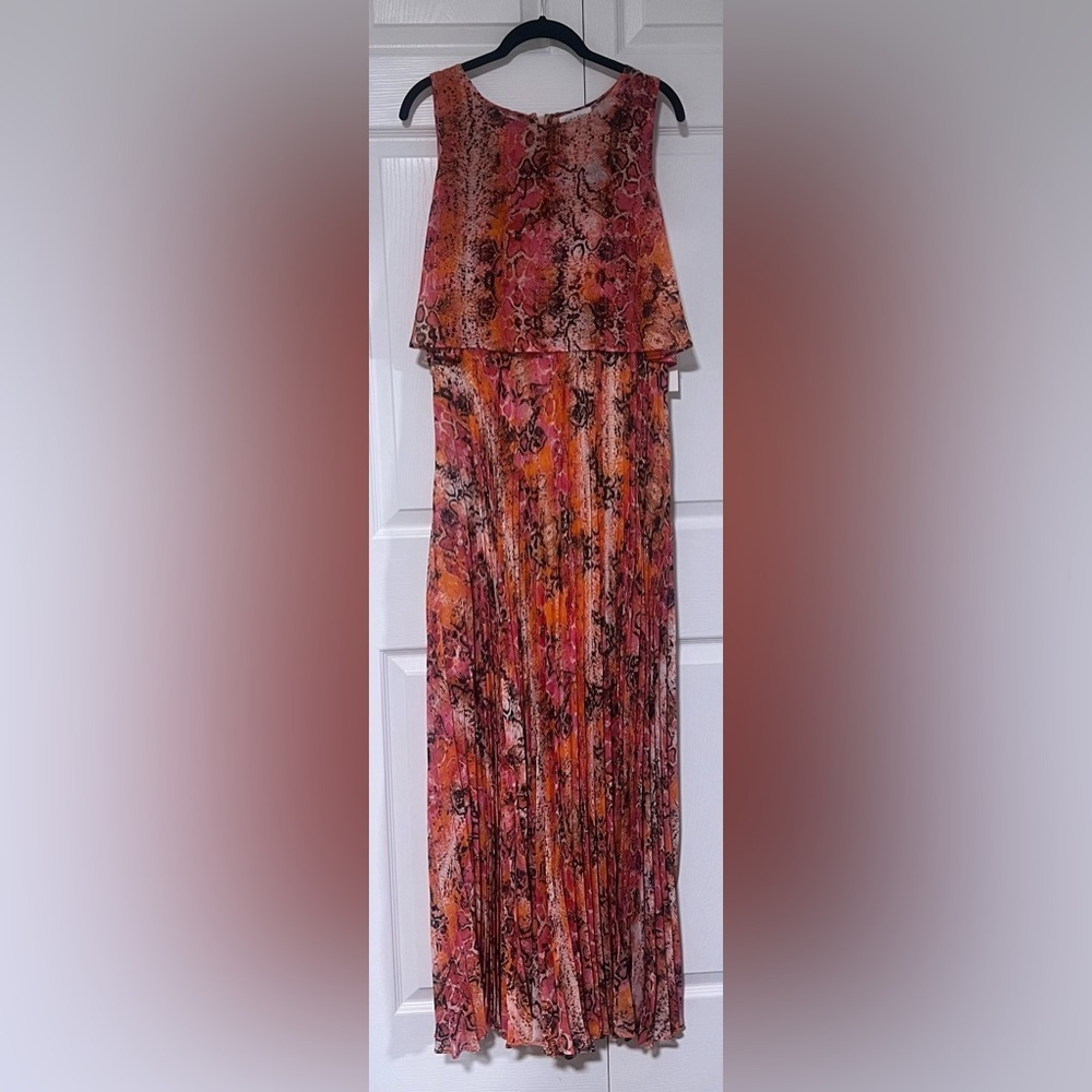 Calvin Klein Sleeveless Pleated Maxi Dress in Orange/Pink Snakeskin Pattern